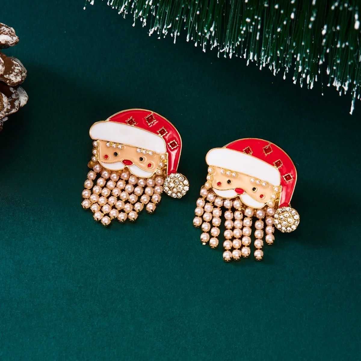 Kreative, niedliche Weihnachtsmann-Ohrstecker mit simuliertem Perlenquastenbart für Frauen, Strass-Weihnachtsmann-Ohrringe, Weihnachtsparty-Schmuck – Detail 32