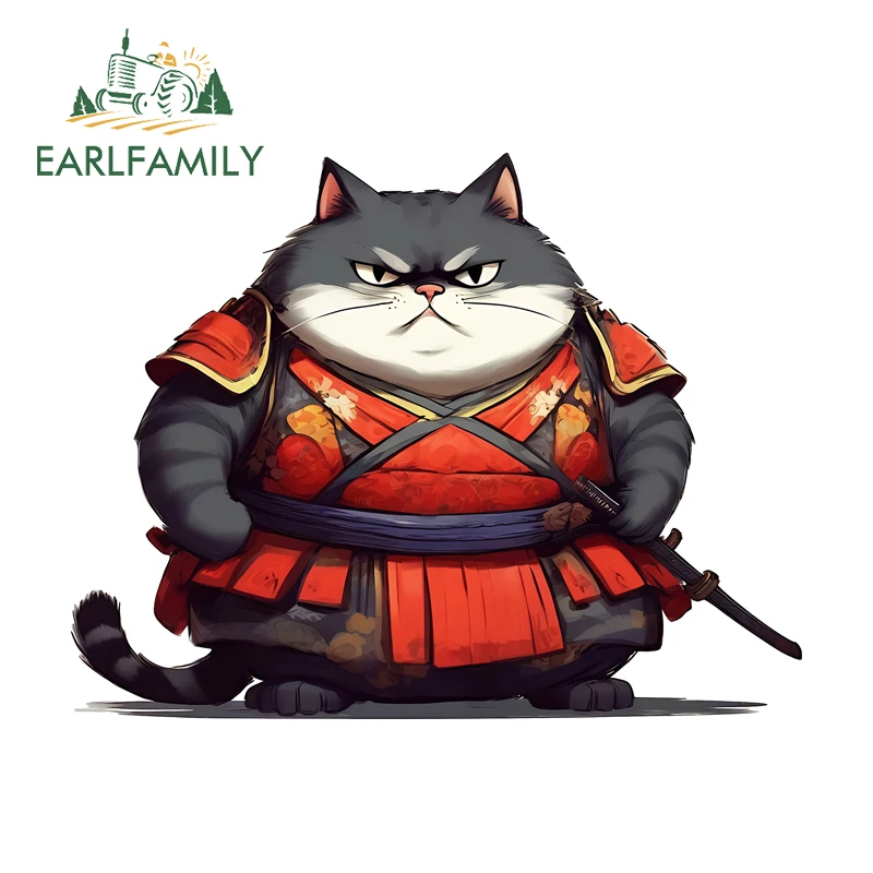 EARLFAMILY Cartoon Samurai Fat Cat Car Stickers Funny Storage Flask Fishing Tackle Box Decal Nice Motorcycle Custom Printing