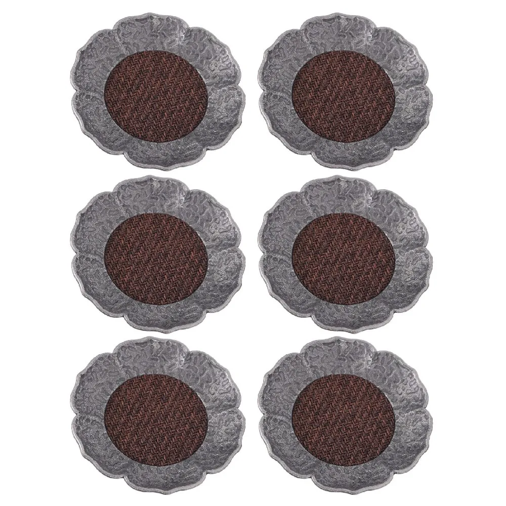 6PCS Set Drink Coasters Set Rattan Flower Shaped Heat Insulation Rattan Coaster Hammered Texture Zinc Alloy Material
