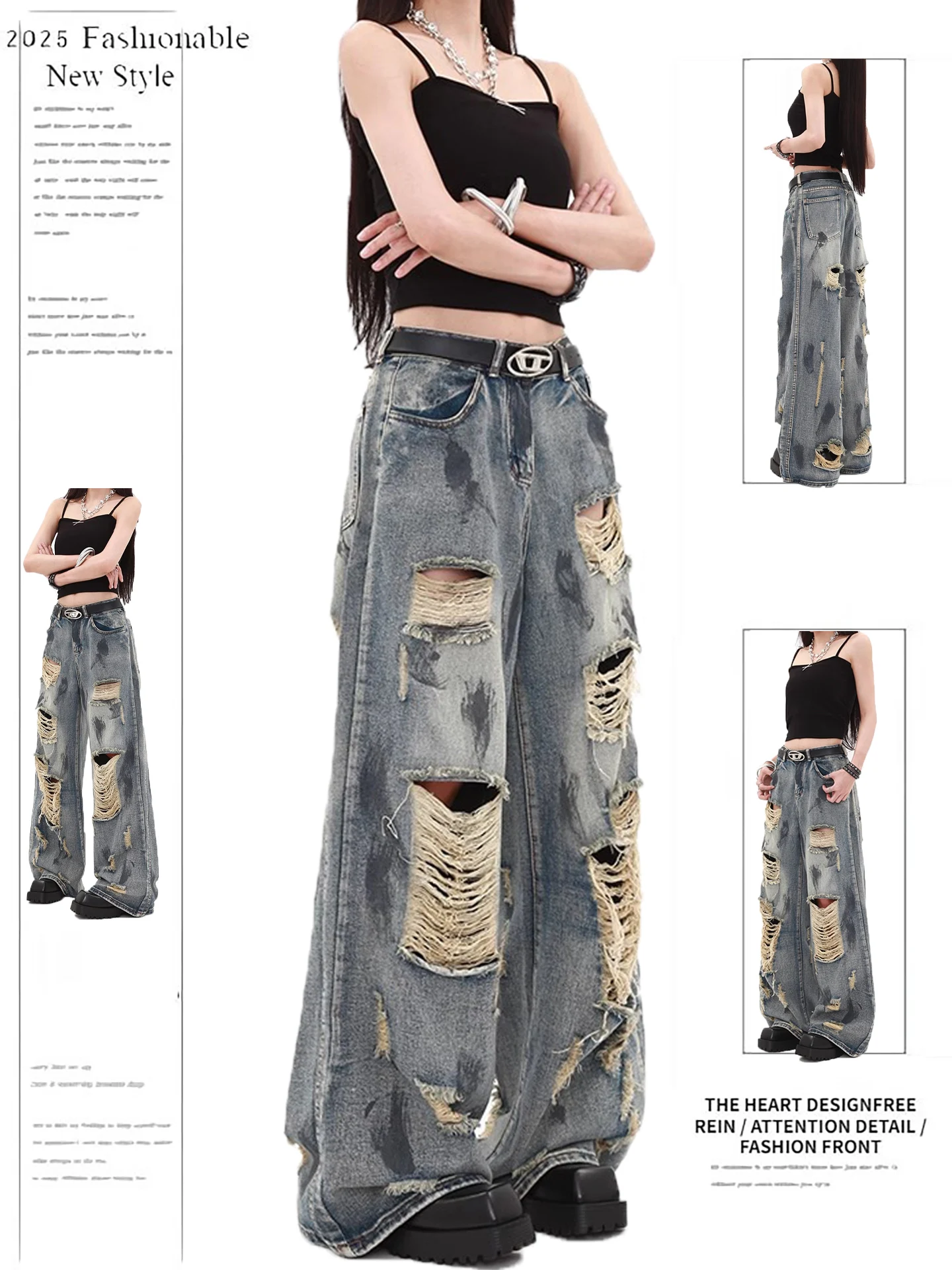 

American Retro Distred Denim Jeans Women's Summer New Design High Waist Loose Wide Leg Pants Dye Spill Hole Effect