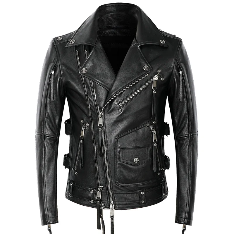 

American Motorcycle Style Leather Jacket Men Black Natural Genuine Cowhide Slim Fit Biker's oblique zipper Coat S~6XL