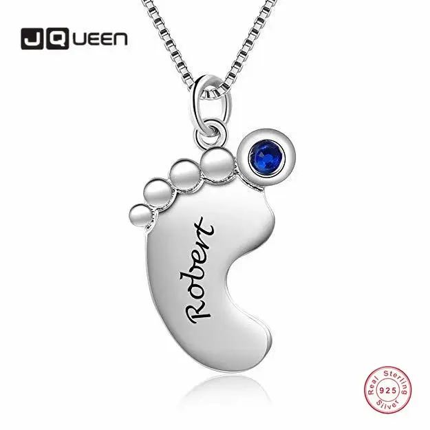 

JQUEEN 925 Silver Necklace Customized Round Gemstone Birthstone 1 Name Baby Feet Women's Birthday Gift Jewelry