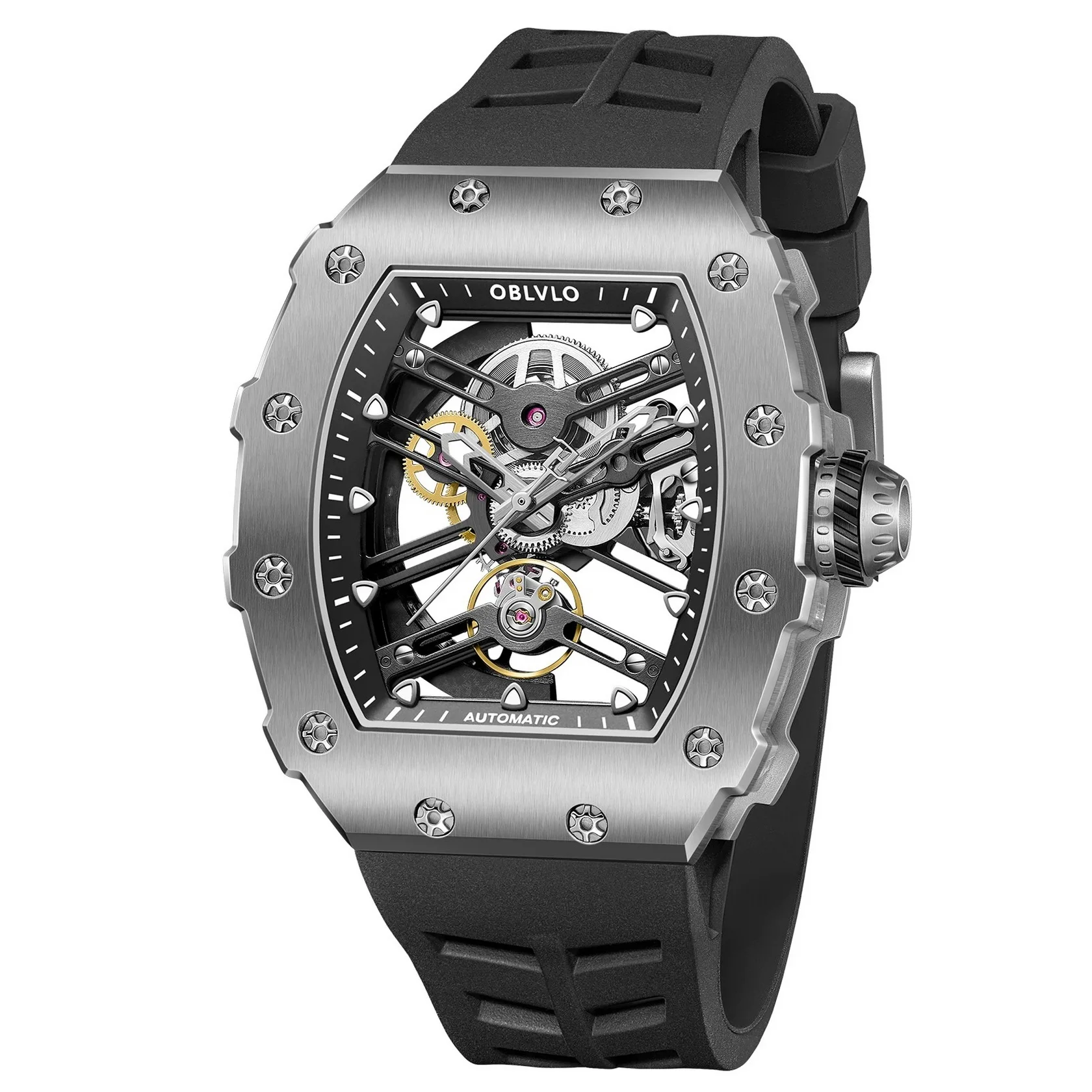 OBLVLO ساعة أوتوماتيكية للرجال Tonneau Case ساعات يد ميكانيكية فاخرة مضيئة مفرغة الطلب الياقوت مرآة