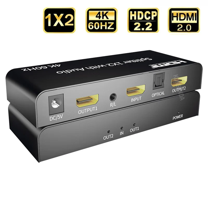 4K 60Hz HDMI Splitter Audio Extractor 1x2 Splitter HDMI Switch 1 in 2 out with Optical Toslink + 3.5mm Audio out for PS5/4 PC TV
