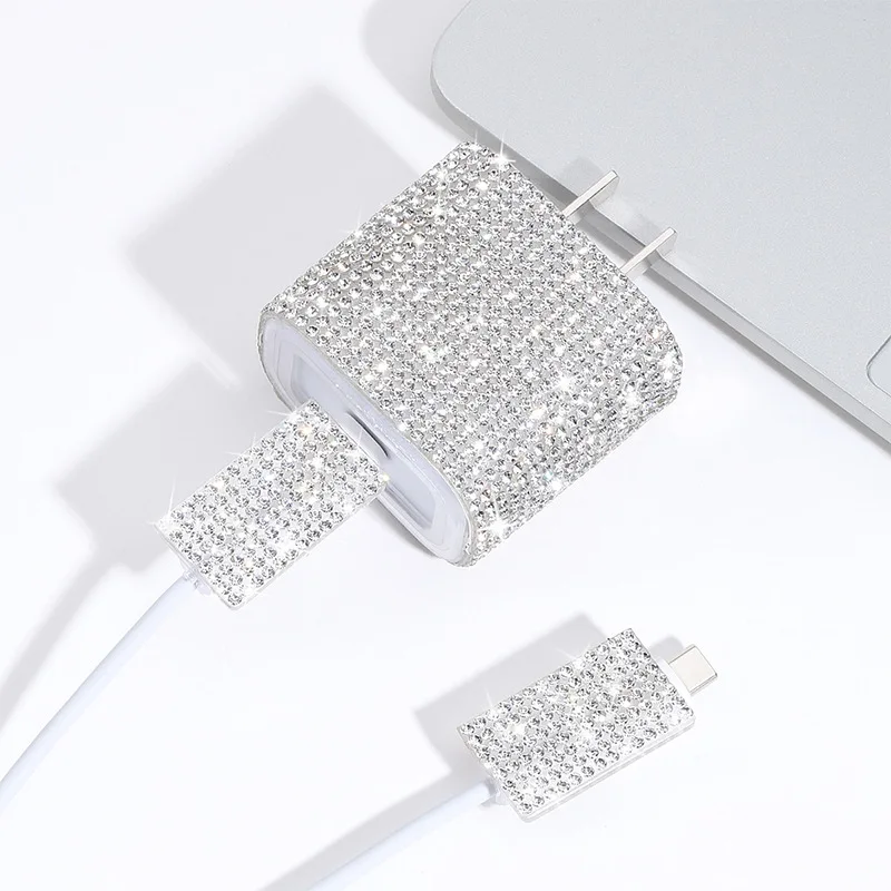 3pcs Set Luxury Diamond Set Charger Cover For IPhone 18W-20W Sparkle Clear Charge Protection Cover Charger Sleeve Accessories