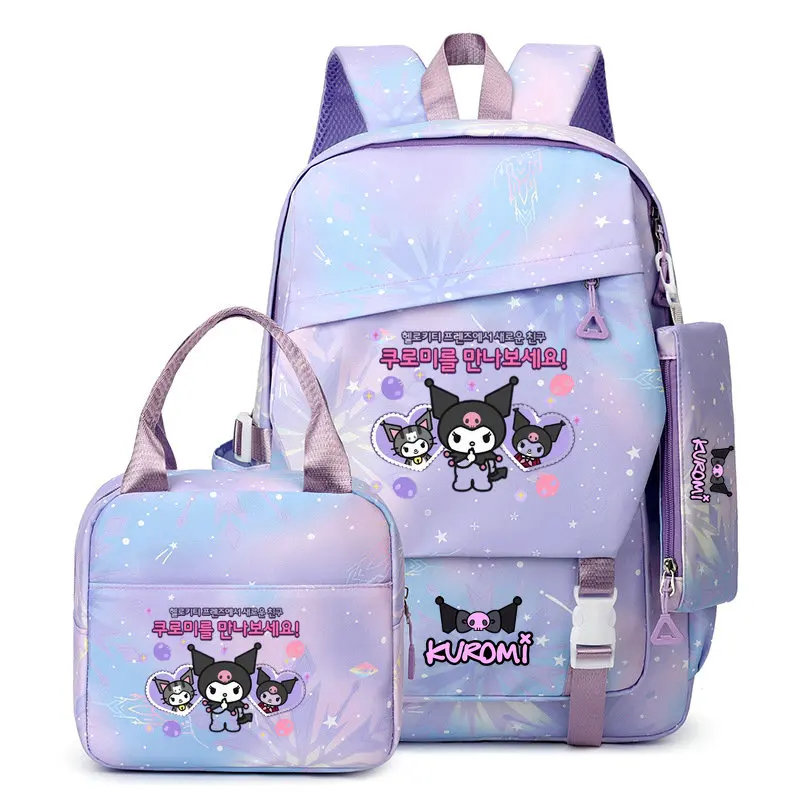 3Pcs Kuromi Anime Print Backpack For Boys Girls Set Schoolbag Large Capacity Lightweight And Breathable Outdoor Knapsack