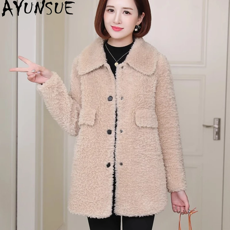 معطف صوف 100% من AYUNSUE للنساء 2025 جاكيت شيرلينغ من الأغنام الحقيقي ملابس شتوية للسيدات بقصة ضيقة من الفرو المركب قوة Жengarško