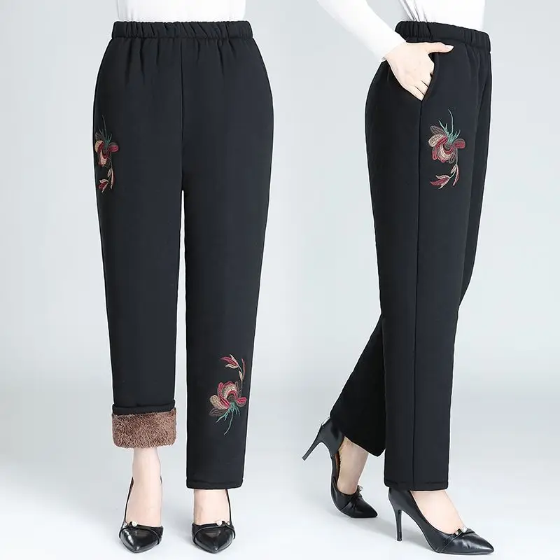 

Mom Warm Winter Straight Leg Trousers Printed Down Pants Plus Size Fashion Pantalon Casual Thickened Women X380