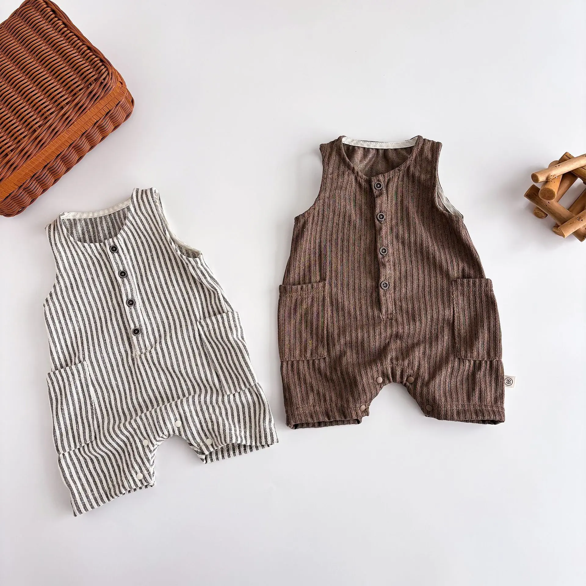 2025 Summer New Baby Sleeveless Romper Thin Cotton Boy Girl Newborn Casual Striped Jumpsuit Infant Toddler Loose Overalls 0-24M