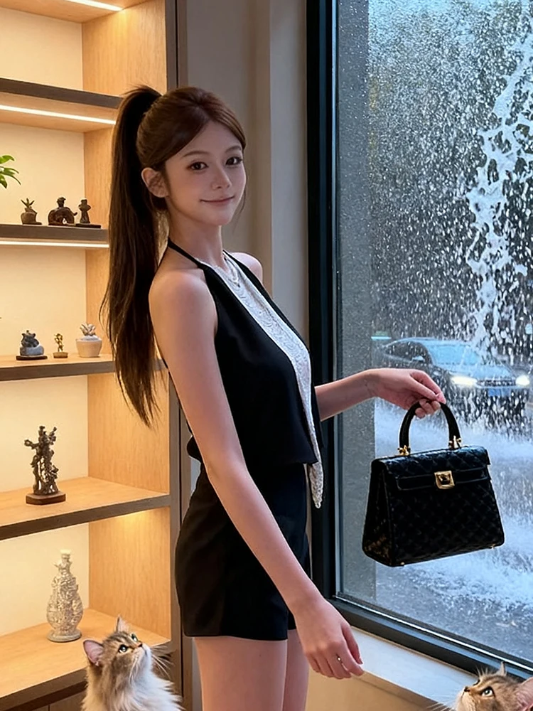 Sexy Beaded Tassel Halter Neck Vest Women's Autumn New Small Design Slimming Top Bright Thread Sequin Bell Sleeve Backless Vest