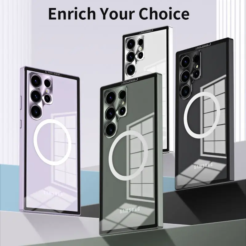 HD Clear PC Back Aluminum Alloy Metal Case For Samsung Galaxy S23 S22 S24 Ultra Metal Magnetic Wireless Charging