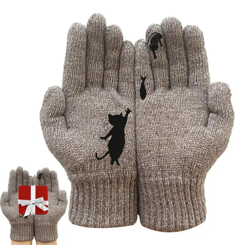 Cat Print Gloves Warm Knitted Gloves For Women Winter Knitted Gloves Comfortable Elastic Thermal Anti-Slip Gloves For Outdoor