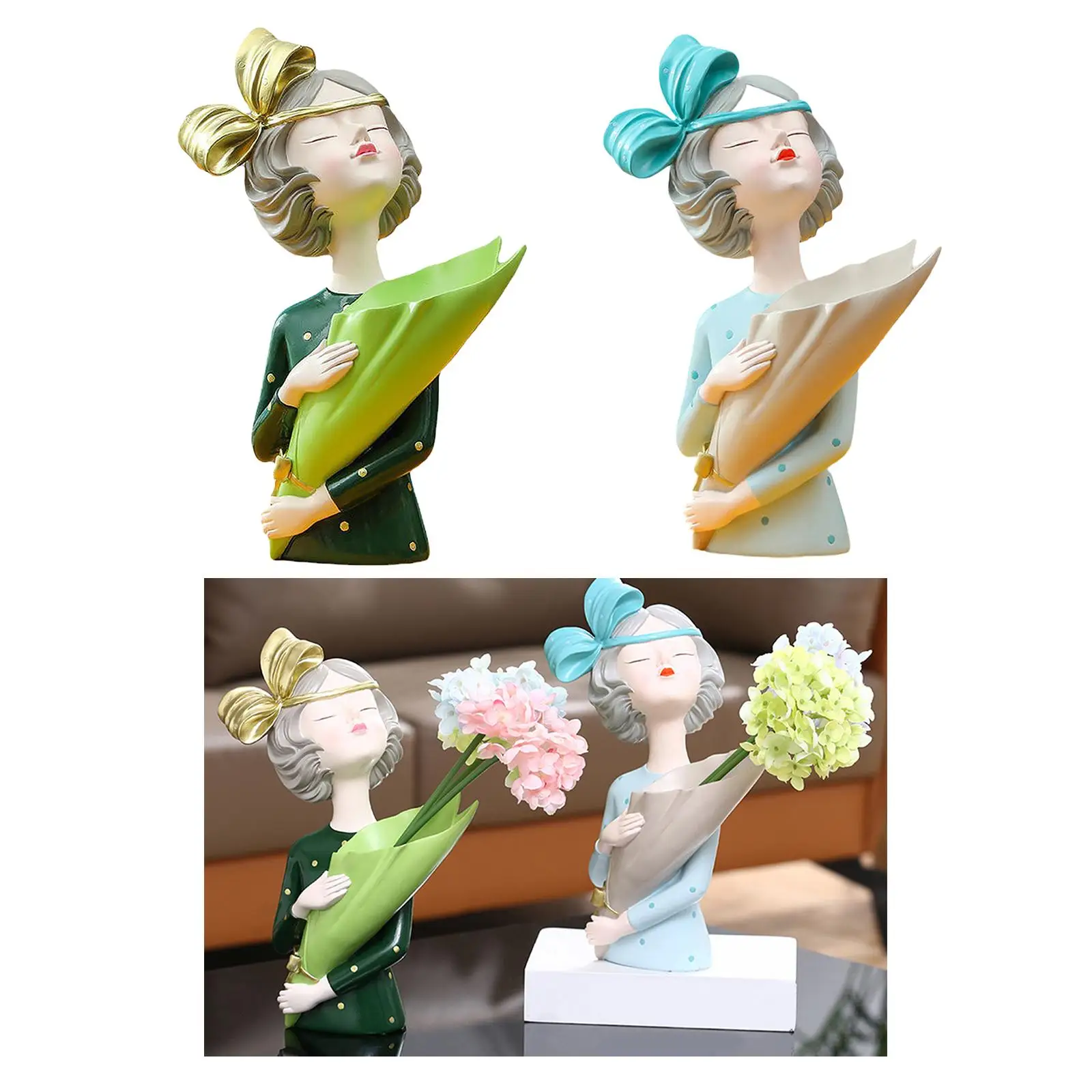 Girls Figurine Dried Flower Vase Bouquet Sculpture Home Ornaments