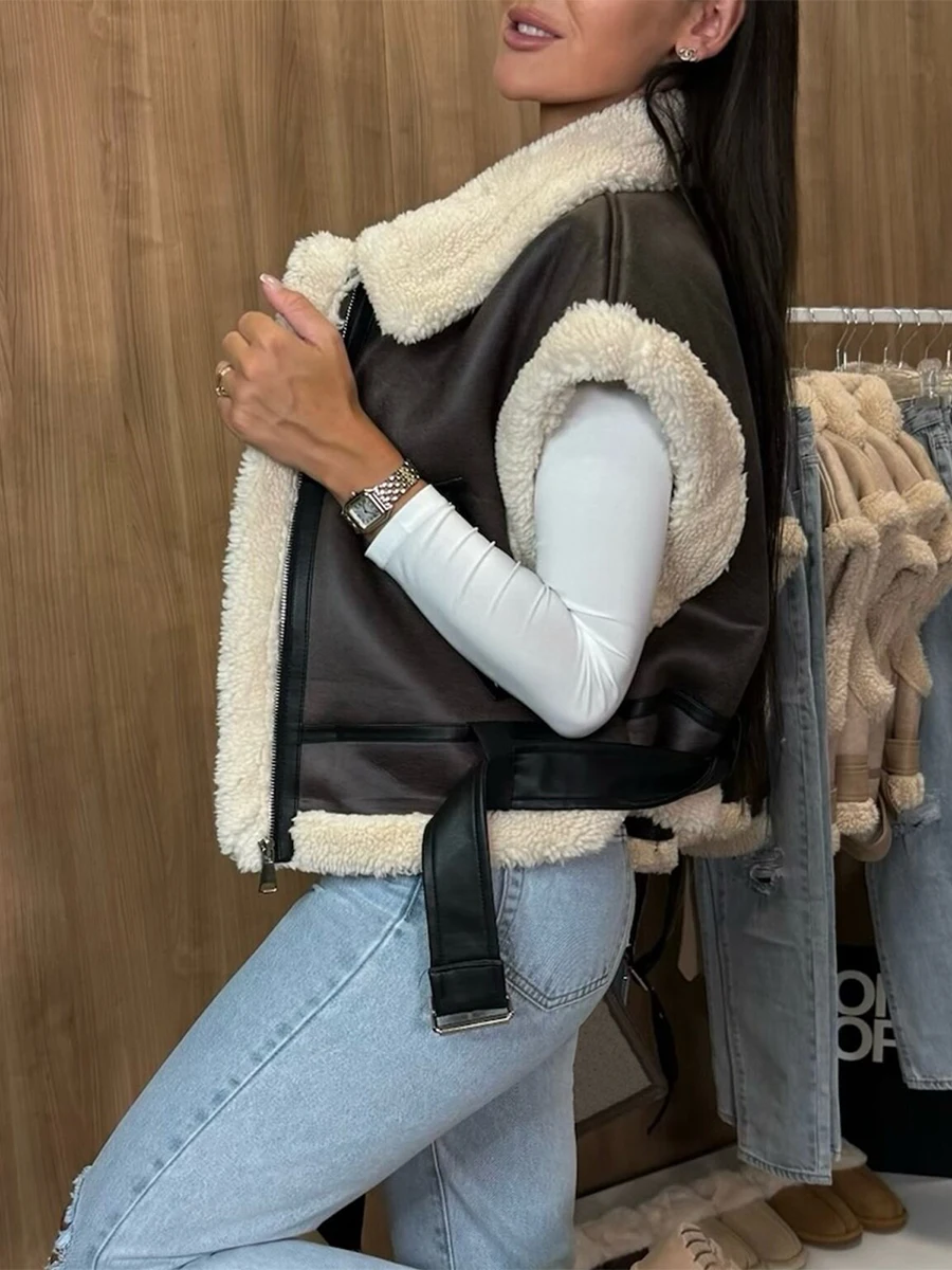 Women Leather Sherpa Vest Fur Collar Sleeveless Zipper Faux Suede Shearling Vest 2024 Biker Moto Jacket Winter Warm Outerwear