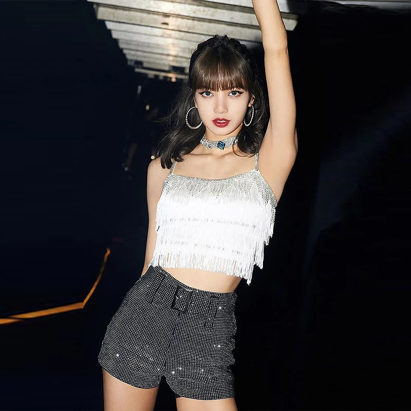 New Girl Group Tassel Rhinestone Vest Stage Performance Short Navel Exposed Shorts DJ Dance Practice Clothing K-POP Wear VBH159