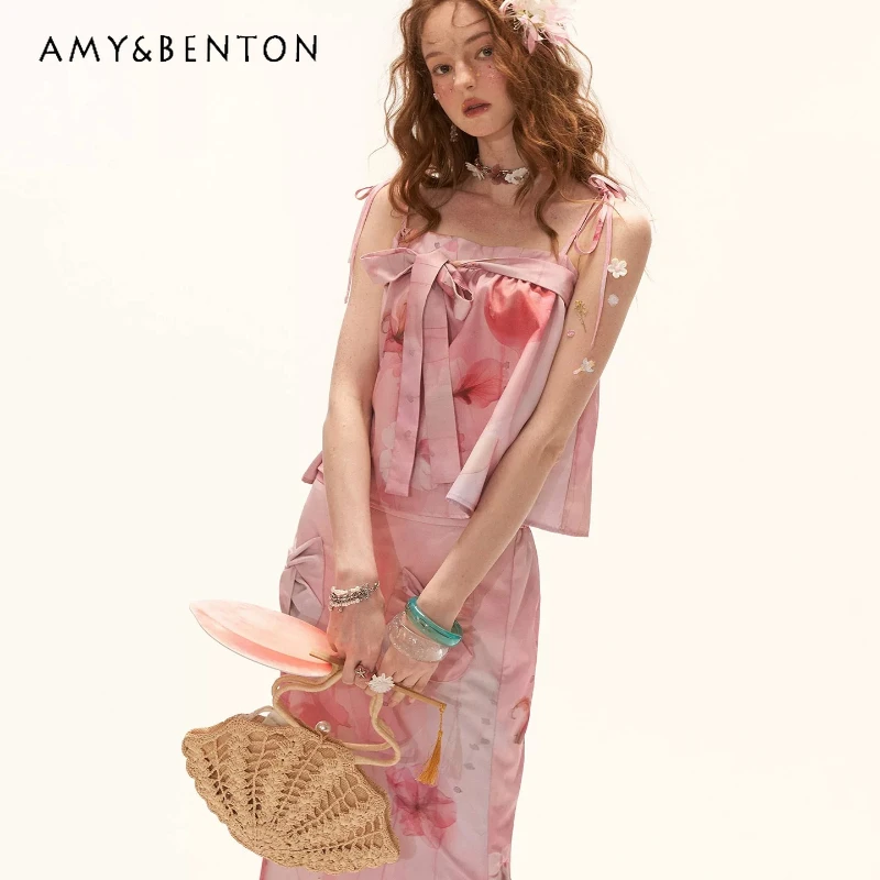 

2026 Summer New Pink Bow Women's Sling Vests French Original Design High-end Temperament Slit Long Skirts Two-piece Sets Ladies