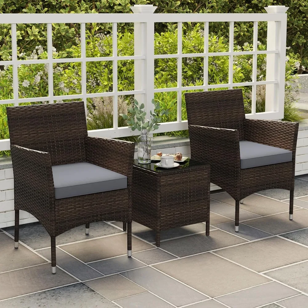 3 Pieces Patio Rattan Furniture Set, Outdoor Conversation Set with PE Wicker Armchairs, Tempered Glass Top Coffee Table, Soft R
