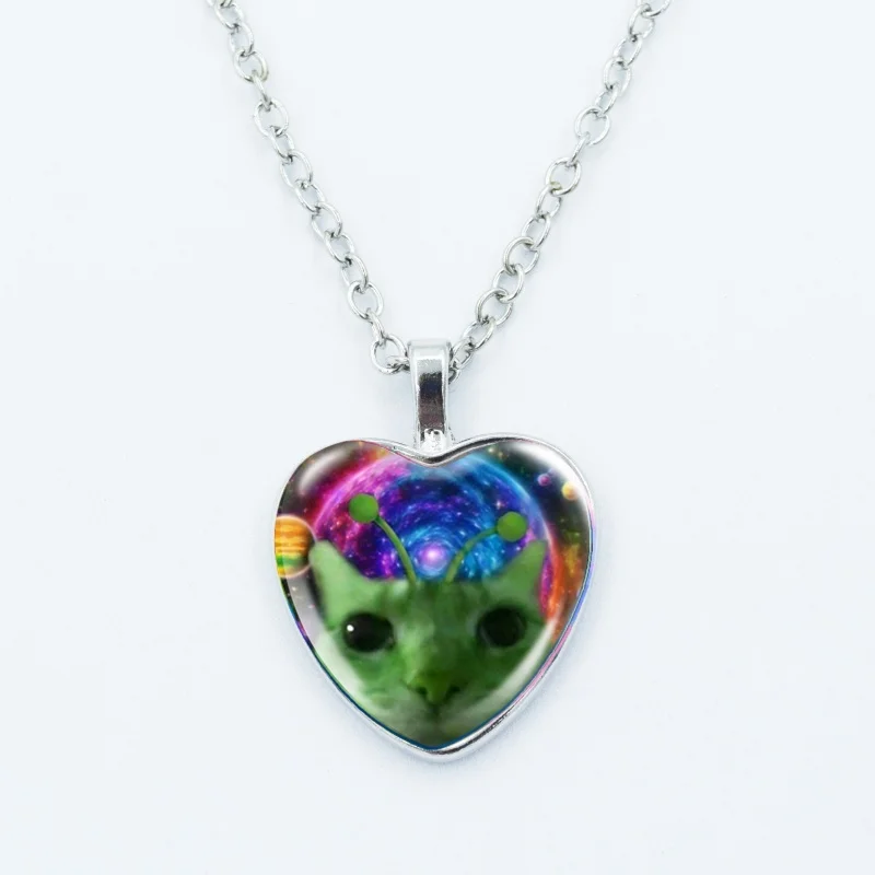 Kreative lustige Katzen-Memes-Herz-Anhänger-Halskette, Tierform, Kunstfoto, Glas-Cabochon-Schmuck, für Kinder und Frauen – Detail 11