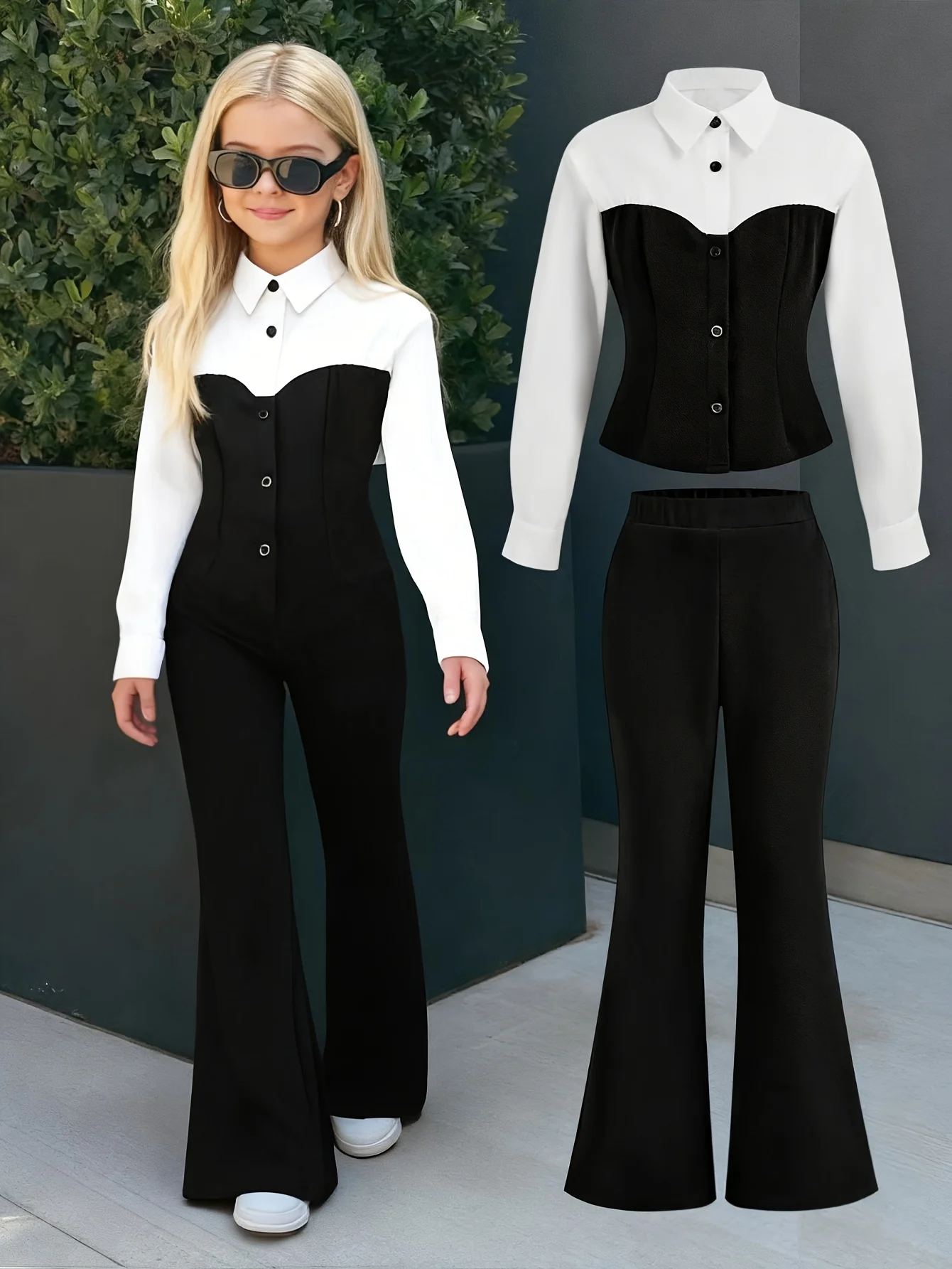 Girls' autumn outfit set: long-sleeved color-block top and elastic-waist flared pants two-piece set with black and white color-blocking design, stylish and versatile, suitable for casual wear, shopping, and parties
