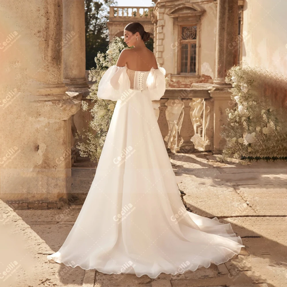 Vestidos de casamento clássicos linha a vestidos de noiva fora do ombro mangas puff roupões para festa formal gracioso vestidos de novia 2024