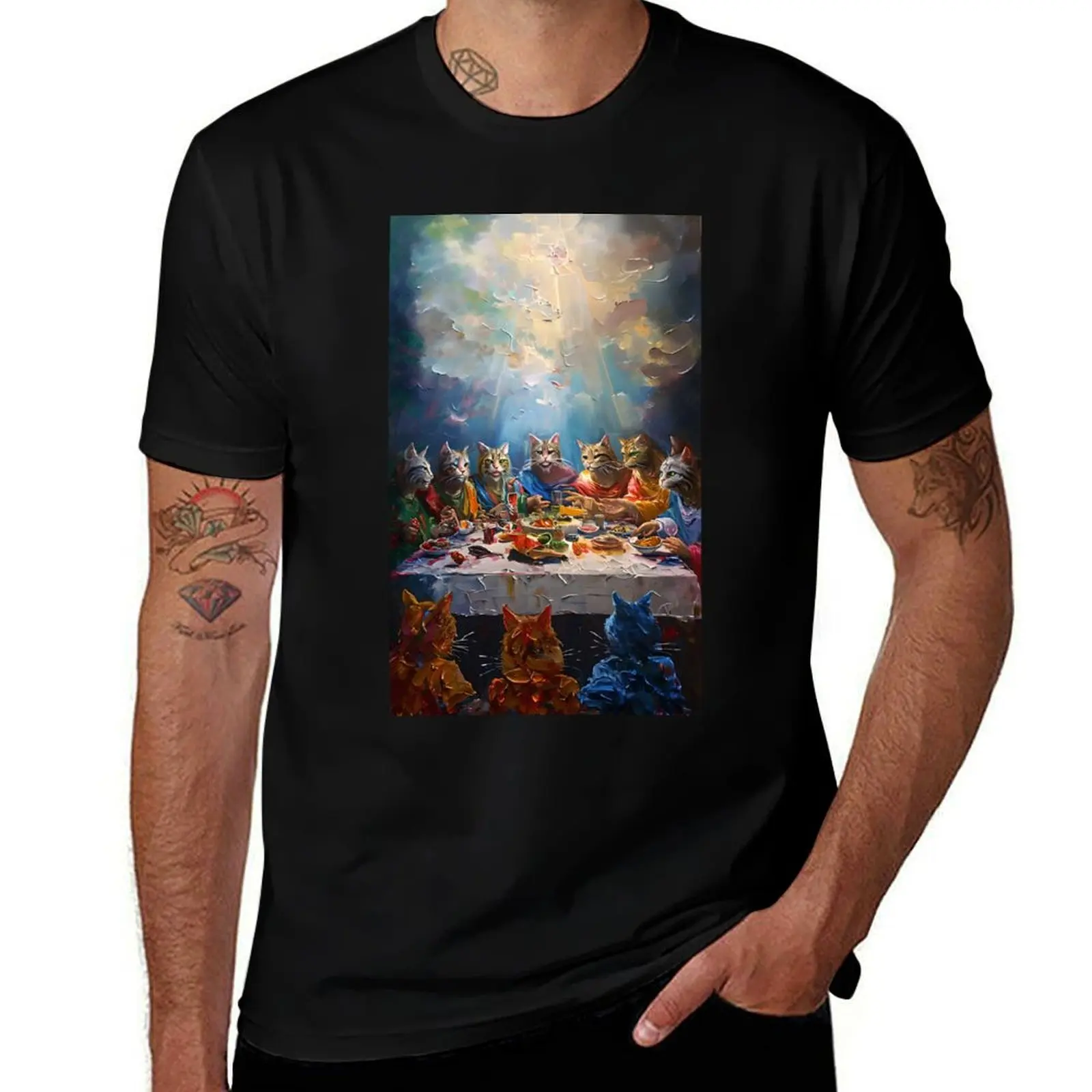 

The Last Supper Cats Religious Christian oil painting T-Shirt anime stuff customs T-shirts for men cotton