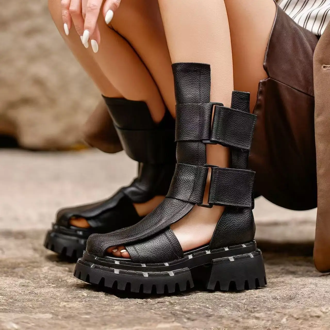 Comfortable Women’s Sandals Retro  Design Hook&loop High-top Summer Roman Sandals Boots Outdoors Lightweight Platform Shoes
