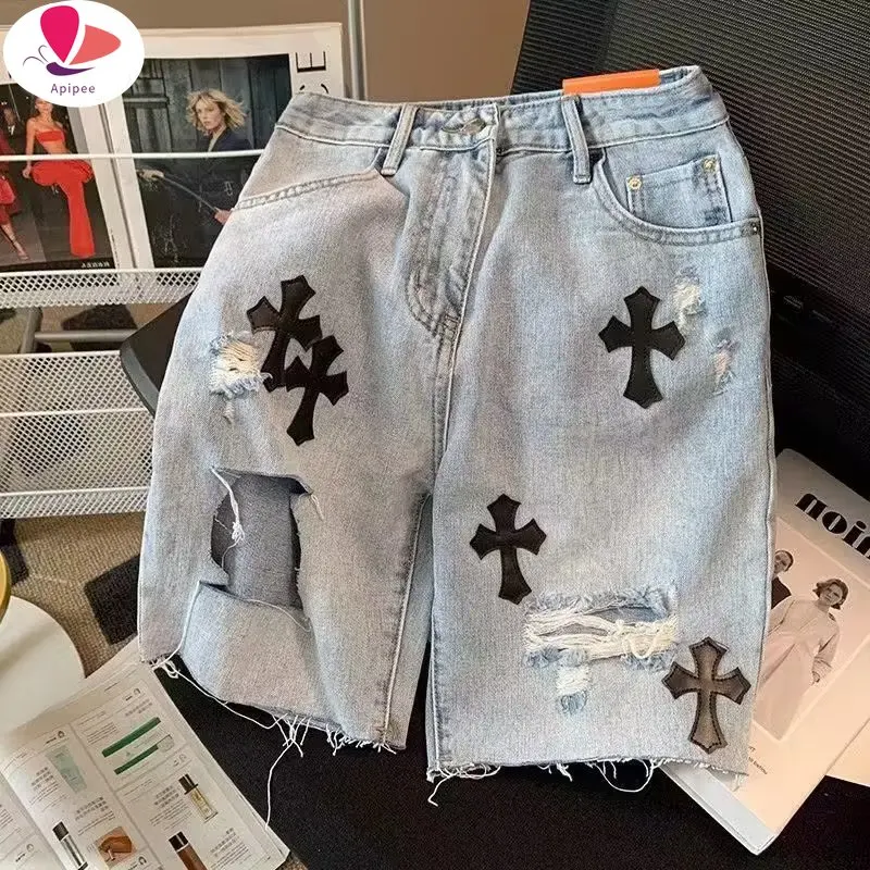 

Y2K Ripped Denim Shorts European And American High Street Cross Jeans Hip-hop Boyfriend Straight Loose Wide-leg Pants Ins Hot