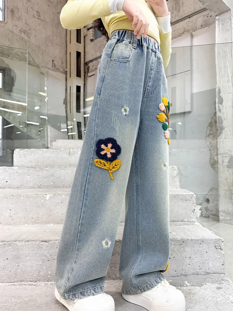 

Новые повседневные уличные джинсовые брюки Slim Fit Свободные джинсы Брюки для подростков Весенние детские винтажные синие джинсы с аппликациями для девочек