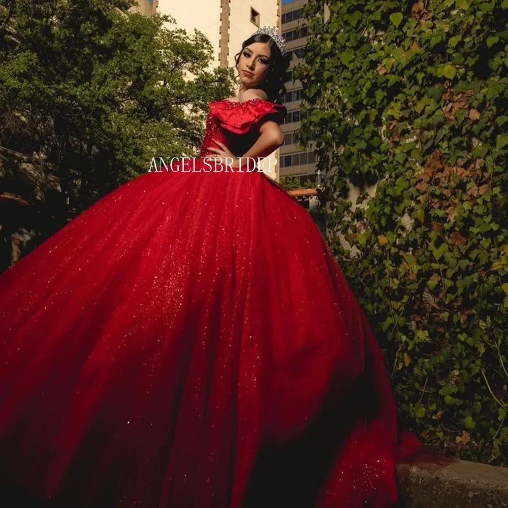 فستان Angelsbridep مخصص باللون الأحمر اللامع Quinceanera فستان سهرة من Vestidos De 15 Quinceañera حلو 16 فساتين حفلات للفتيات