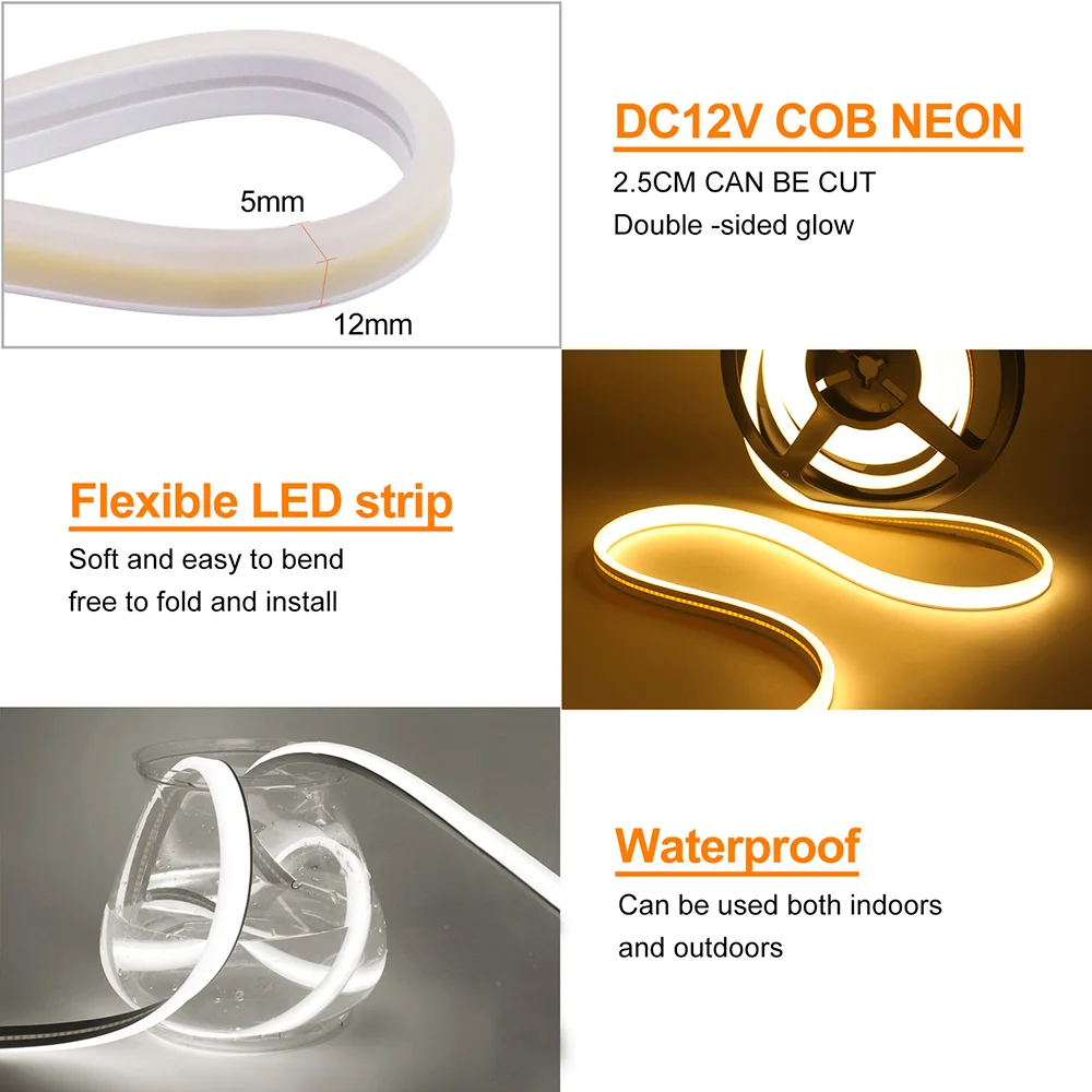 2 Sided Bright COB LED Neon Light Strip 12V 24V Waterproof Flex Rope Lights 320LED/m Linear Lighting 1m 2m 5m 10m 15m 20m 0.5m