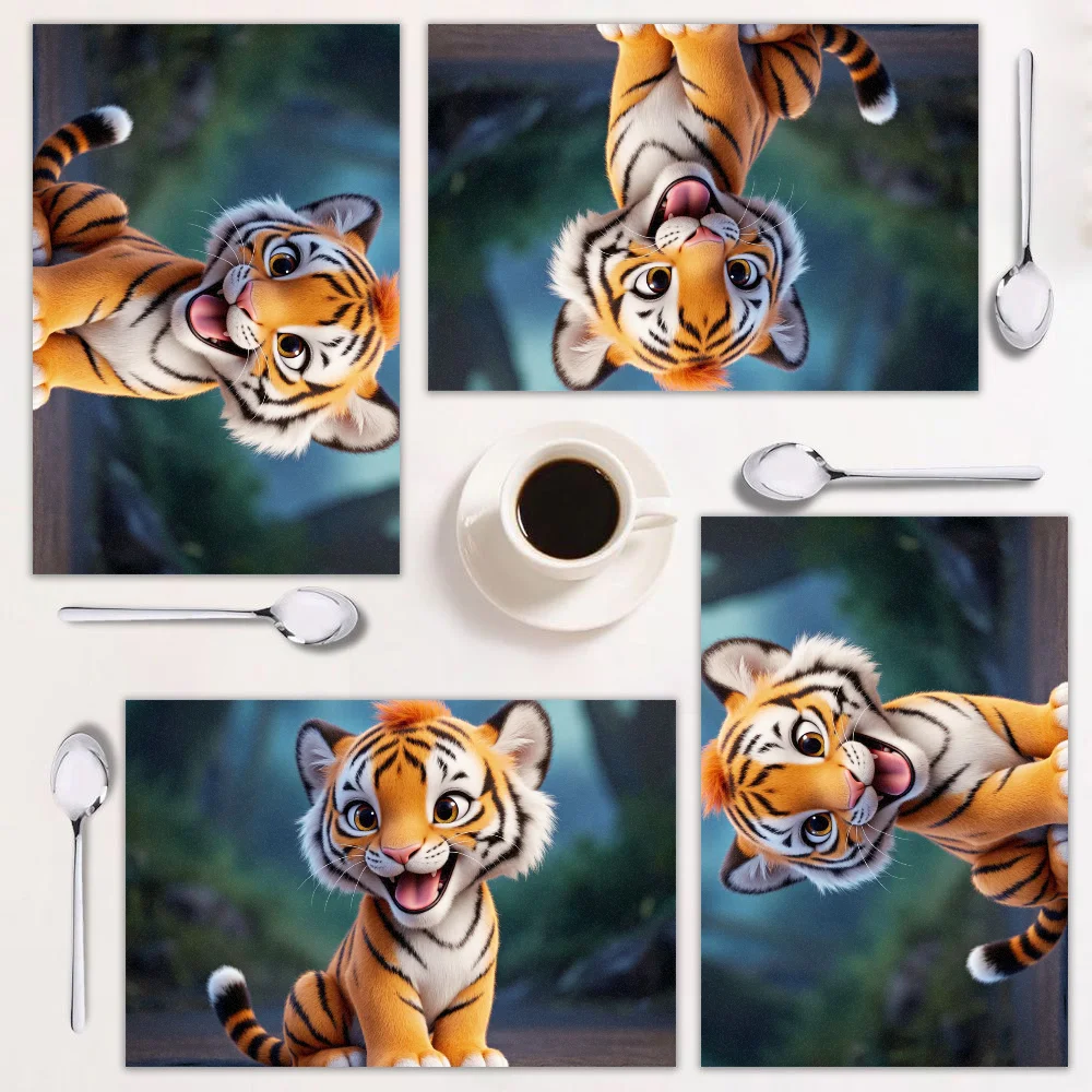

Набор подставок из 4 предметов, милые мультяшные тигры, легко чистящиеся, прямоугольные 12×18 дюймов, идеально подходят для домашнего декора и праздничной столовой.