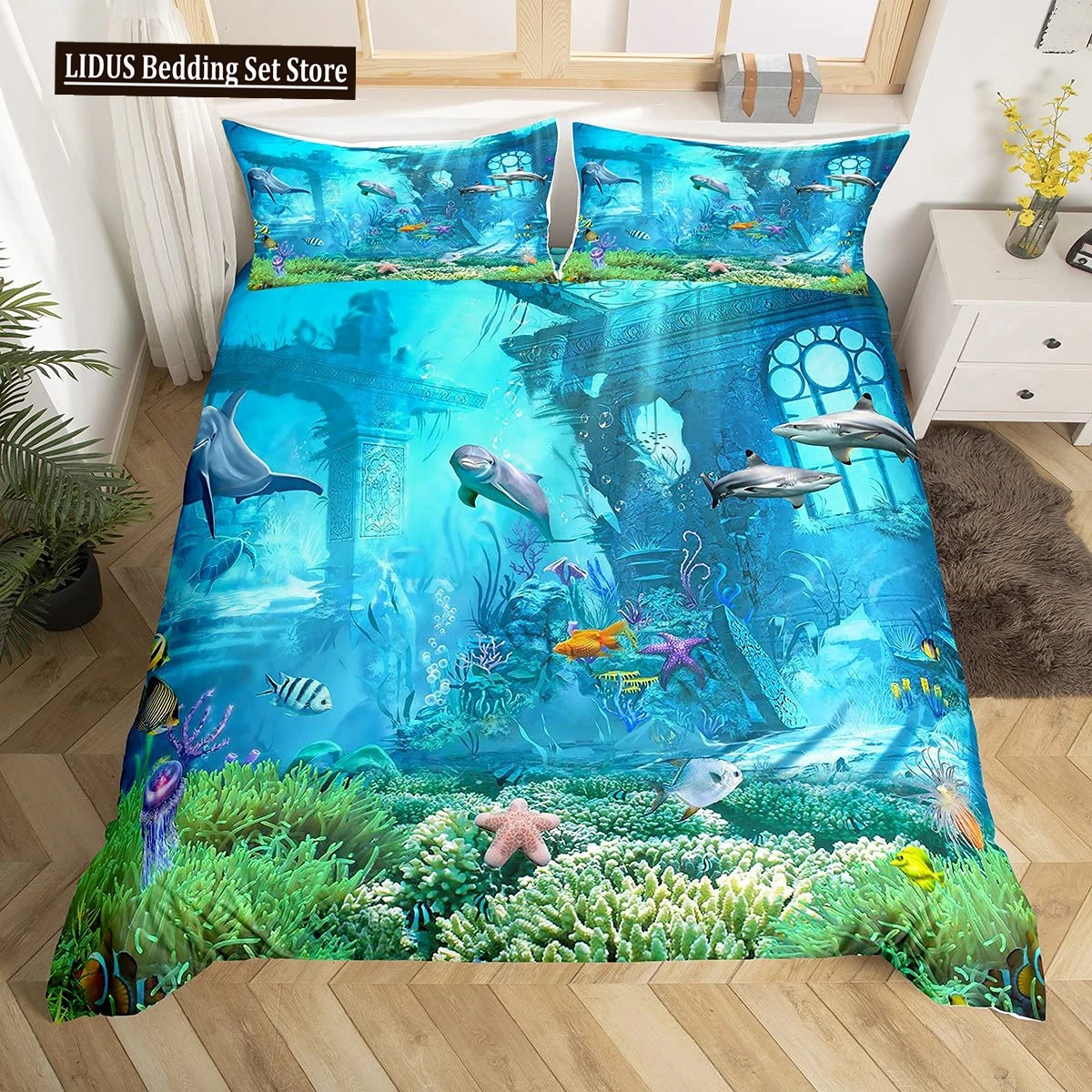 

Fish Duvet Cover Set Ocean Bedding Sets 3D Printed Underwater World With Shark Dolphin Coral Reef Pattern Quilt Cover Set 2/3pcs