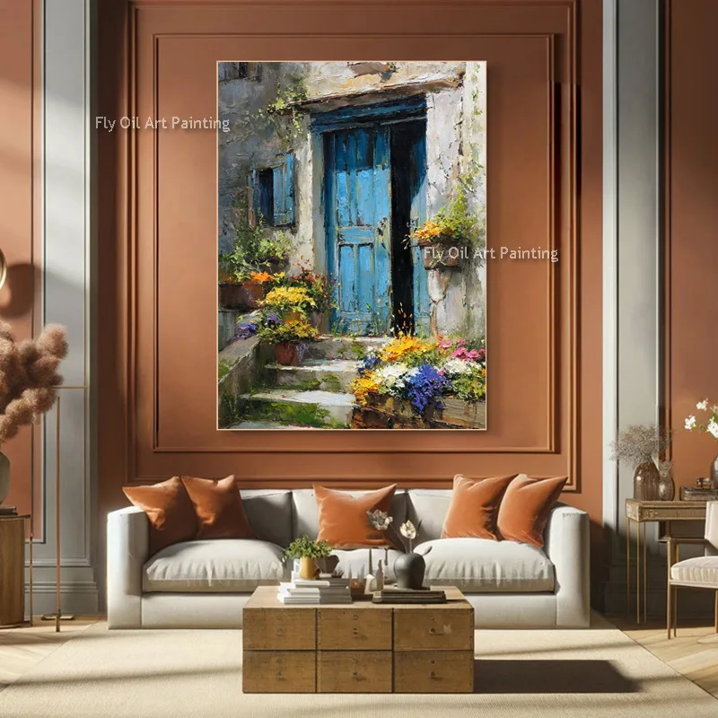 Thick Texture Hand Painted Oil Painting, Rustic European Cottage Blue Door Colorful Floral Alley Canvas Wall Art for Home Decor