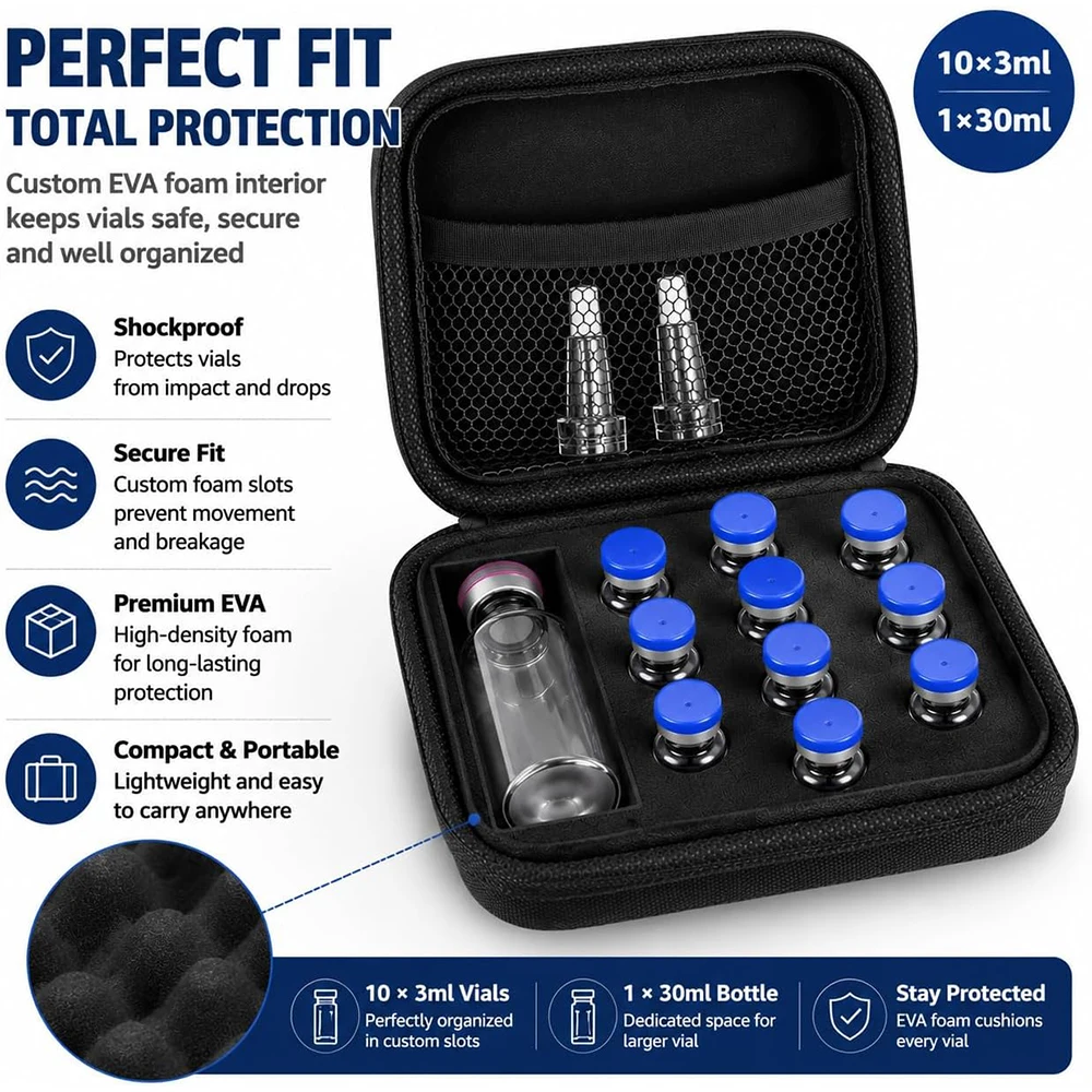 Peptide Vial Case for Fridge Storage Insulin Bottle Portable Organizer Holds with Shock Absorbing Sponge Hard Shell Travel Case
