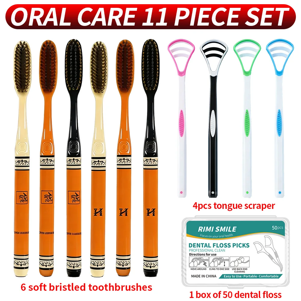 

Набор для гигиены полости рта: 6 мягких зубных щеток + 4 средства для чистки языка + 50 ниток для семьи