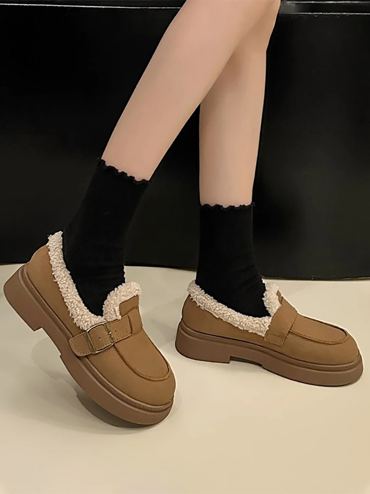 Zapatos Retro para mujer, mocasines de punta redonda sin cordones con piel, boca poco profunda, zapatillas informales que combinan con todo, vestido sin cordones