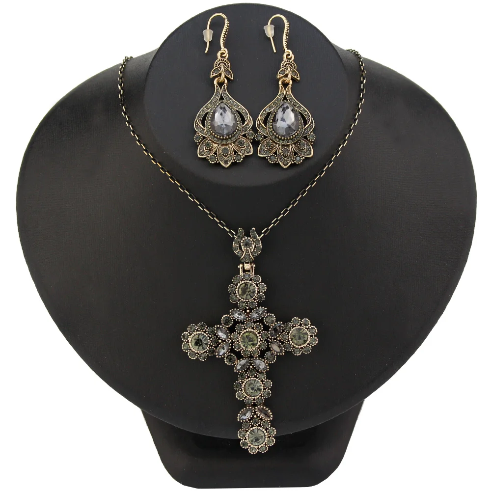 Sunspicems New Gray Crystal Turkey Cross Necklace Earrig Sets For Women Antique Gold Color Bohemia Vintage Choker Bride Bijoux