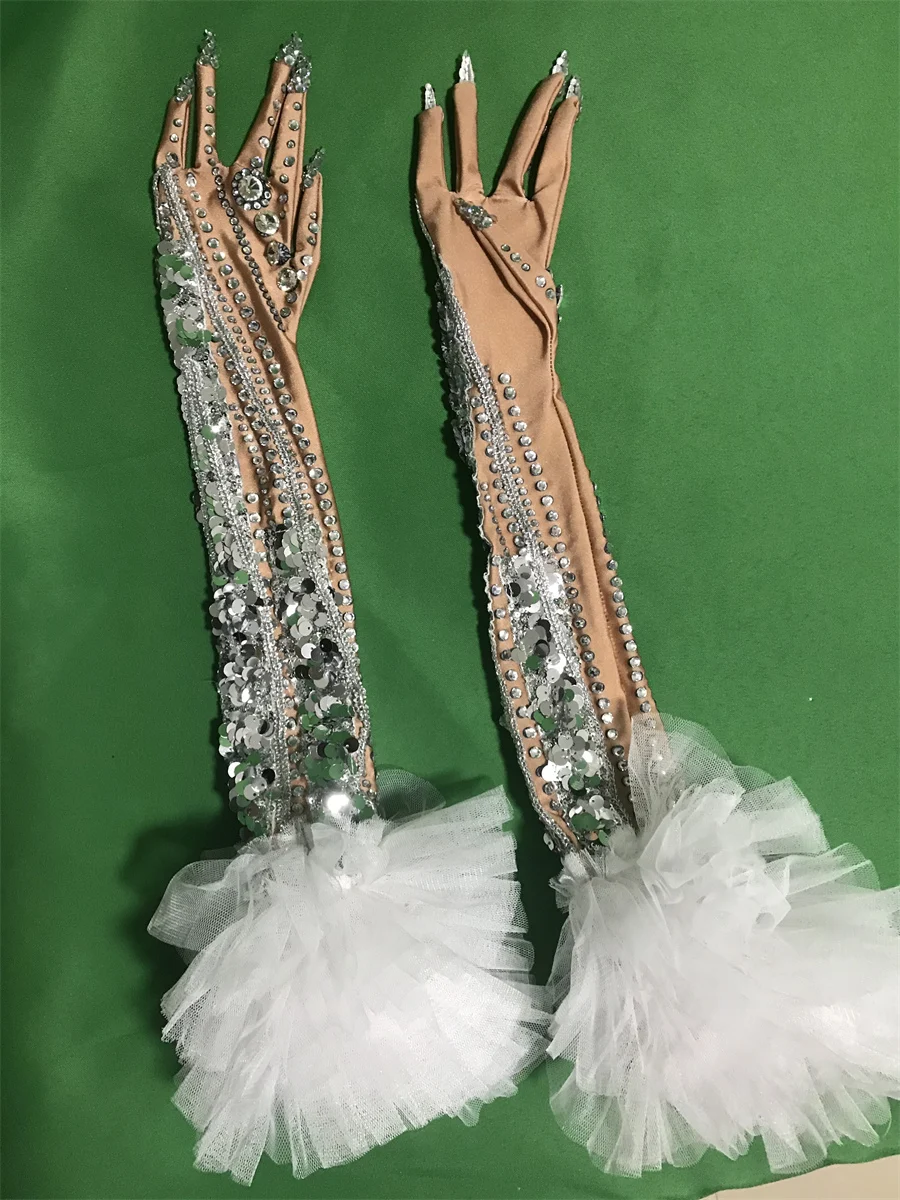 Sparkling Birthday Stage Accessories Women Gloves Drag Queen Rhinestone Costumes Performance Dance Ballerine Exotic Wear Outfits