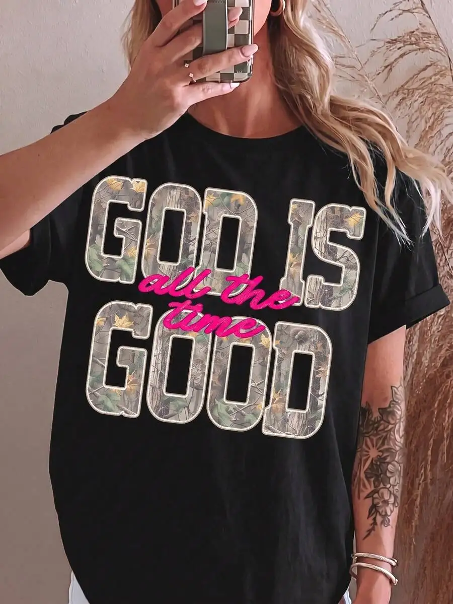 Women God Is Forever Good Retro Distressed Camouflage Christian Faith Jesus Bible Scripture Graphic T Shirt Crewneck Short Sleeve Casual 1 Piece Oversized Top
