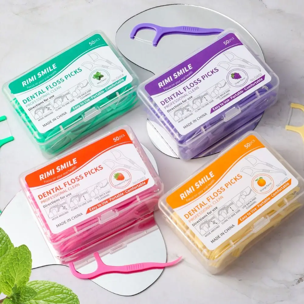 50 عصي/صندوق خيط تنظيف الأسنان المحمولة المتاح الفاكهة نكهة الخيط الفجوة تنظيف 4 نكهات أداة تنظيف الأسنان