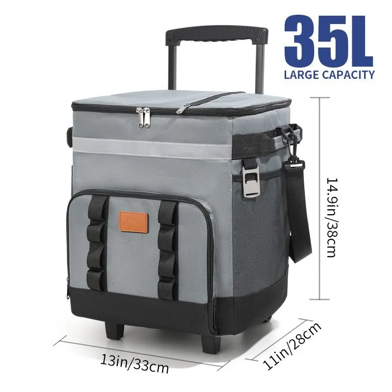2025 New 35L Wheeled Cooler Bag, Insulated Thermal Tote for Outdoor Picnic Camping, PVC Waterproof Travel Pulling Bag