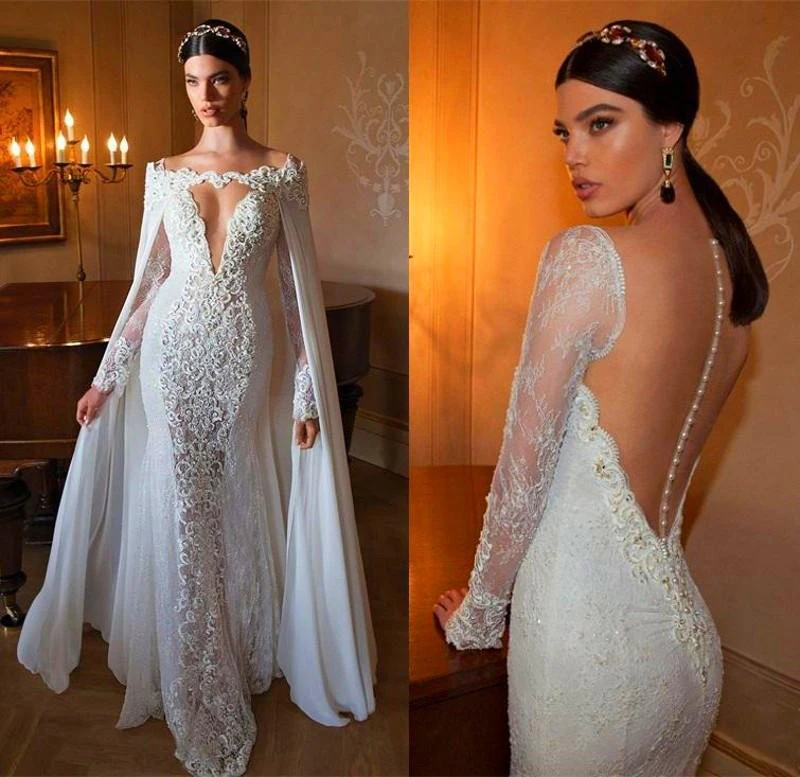 Robe De Mariee Kant Trouwjurken 2023 Met Cape Zeemeermin V-hals Kralen Lange Mouwen Bruid Jurk Trouwjurk Vestido De Novias