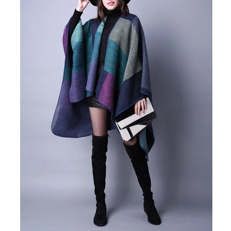 

Autumn Winter Plaid Scarf Versatile Ladies Travel Shawl Faux Cashmere Ethnic European Style Open Split Thickened Cloak