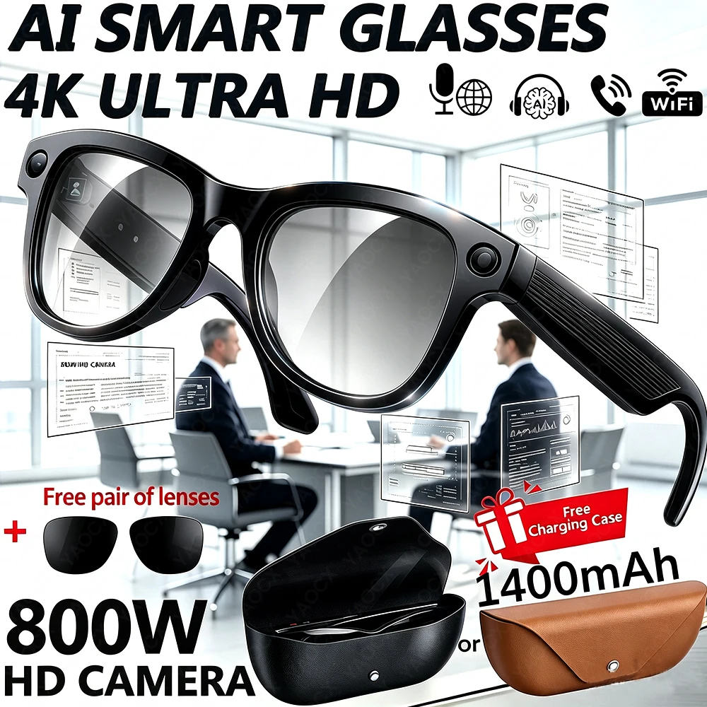

Smart AI Glasses 2026 4K Translator Photo Video EIS Recording Music Playback With 1400 Mah Charging Case SmartGlasses Men Women