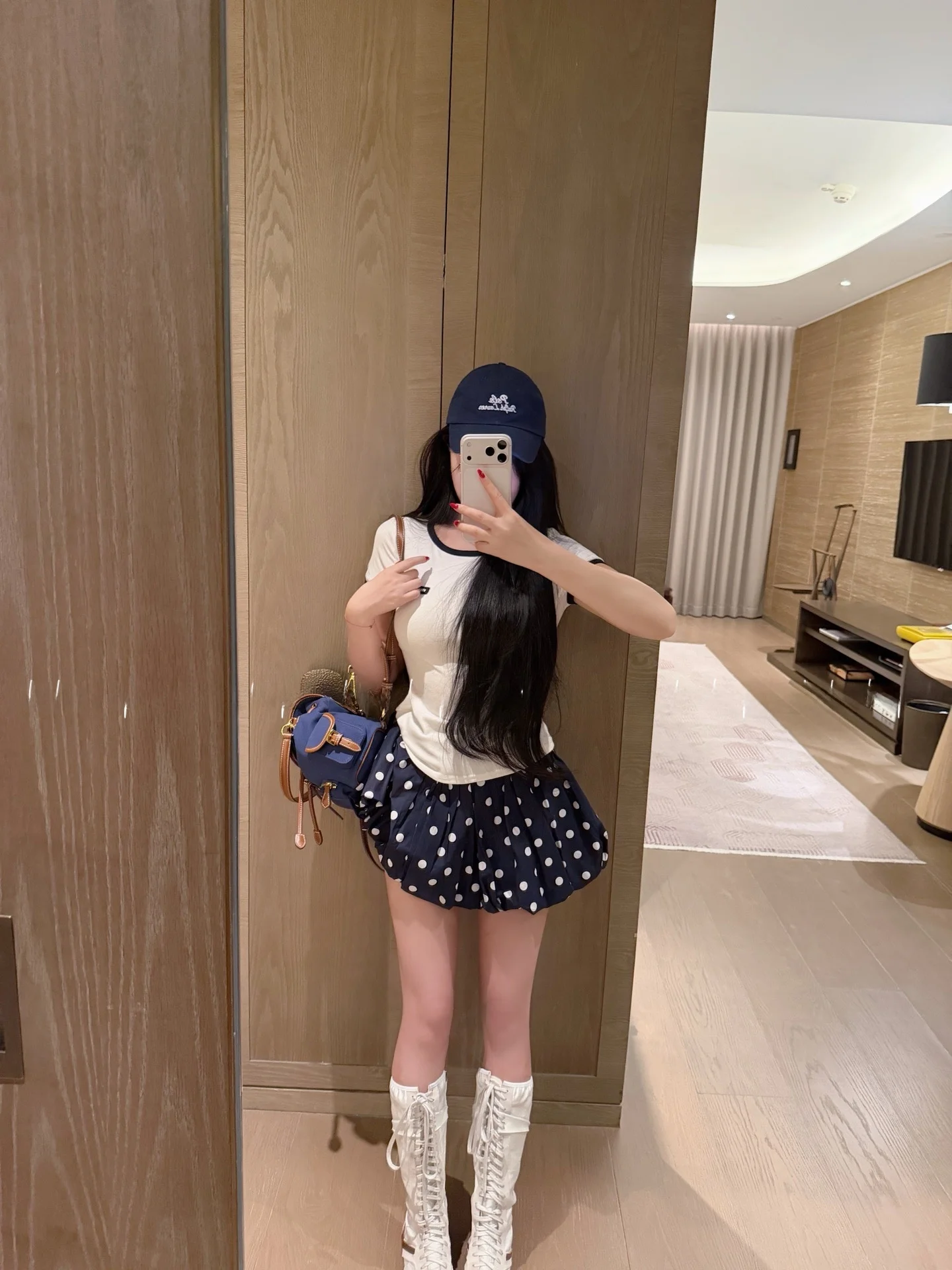 

New Miu Girl Patchwork Letter Slim Fit Short Sleeve T-Shirt Korean Sweet Polka Dot Bloom Skirt Set Casual Style Cotton Material