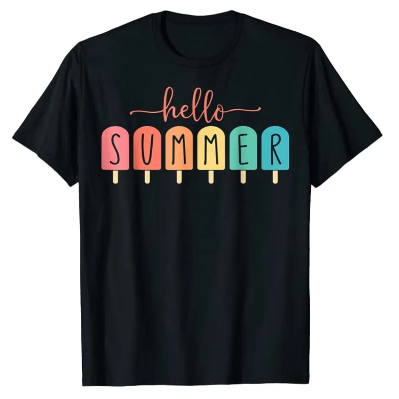 Hello Summer Vacation Ice Cream Popsicle Ice Lolly T-Shirt Life Style Aesthetic Clothes for Women Men Fashion Graphic Tee Tops