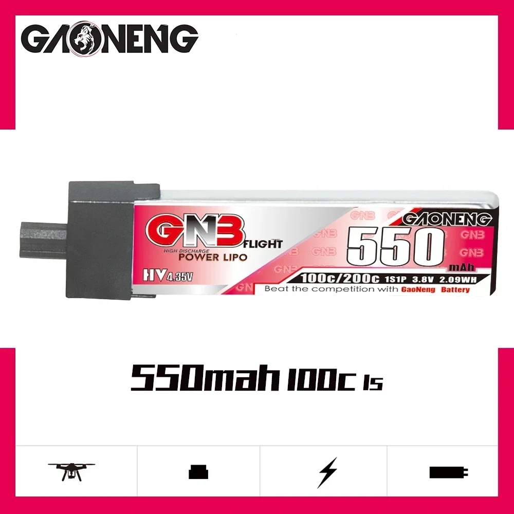 6PCS GAONENG GNB 1S 550mAh 3.8V 100C HV Lipo Battery With High Current GNB27 Plug For RC FPV Drone Quadcopter DIY Connector Part