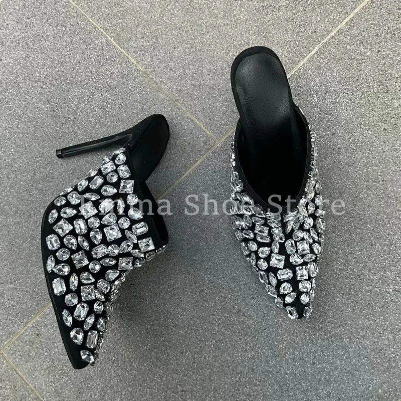 Элегантные черные сабо со стразами, украшенные стразами, туфли-лодочки на высоком каблуке-шпильке с острым носком, вечерние тапочки без шнуровки, вечерние женские туфли с кристаллами