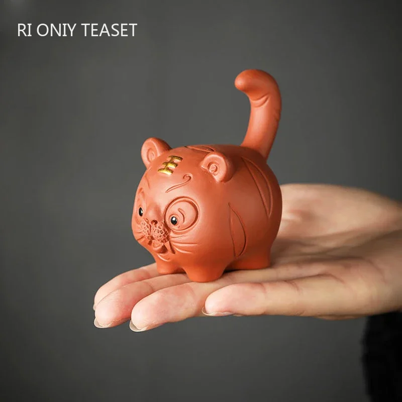 Chinese Luck Tiger Purple Clay Tea Pet Handmade Animal Statue Ornaments Tea Figurine Sculpture Decoration Tea Set Accessories