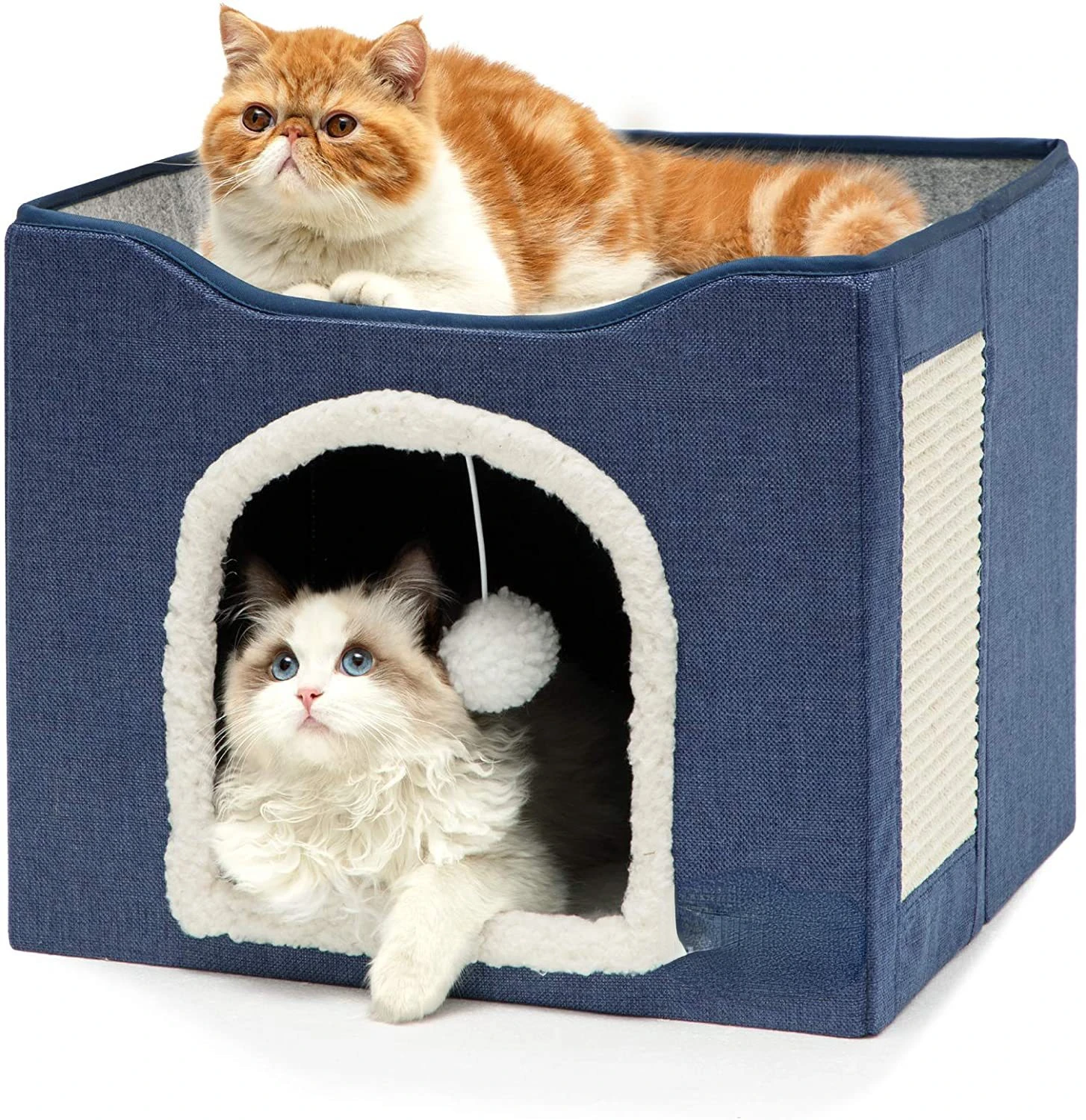 Foldable Portable Cat Scratcher House Machine Washable 2-in-1 Cat Bed with Fluffy Ball Hanging and Scratcher